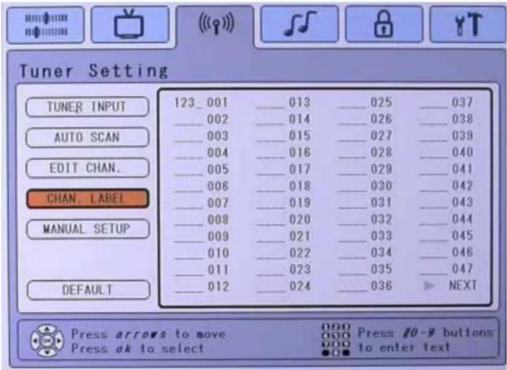 Tuner Setting TUNER INPUT AUTO SCAN EDIT CHAN. CHAN. LABEL MANUAL SETUP DEFAULT 123_001 013 025 037 002 014 026 038 003 015 027 039 004 016 028 040 005 017 029 041 006 018 030 042 007 019 031 043 008 020 032 044 009 021 033 045 010 022 034 046 011 023 035 047 012 024 036 NEXT Press arrows to move 000 Press 10-9 buttons Press ok to select 000 to enter text