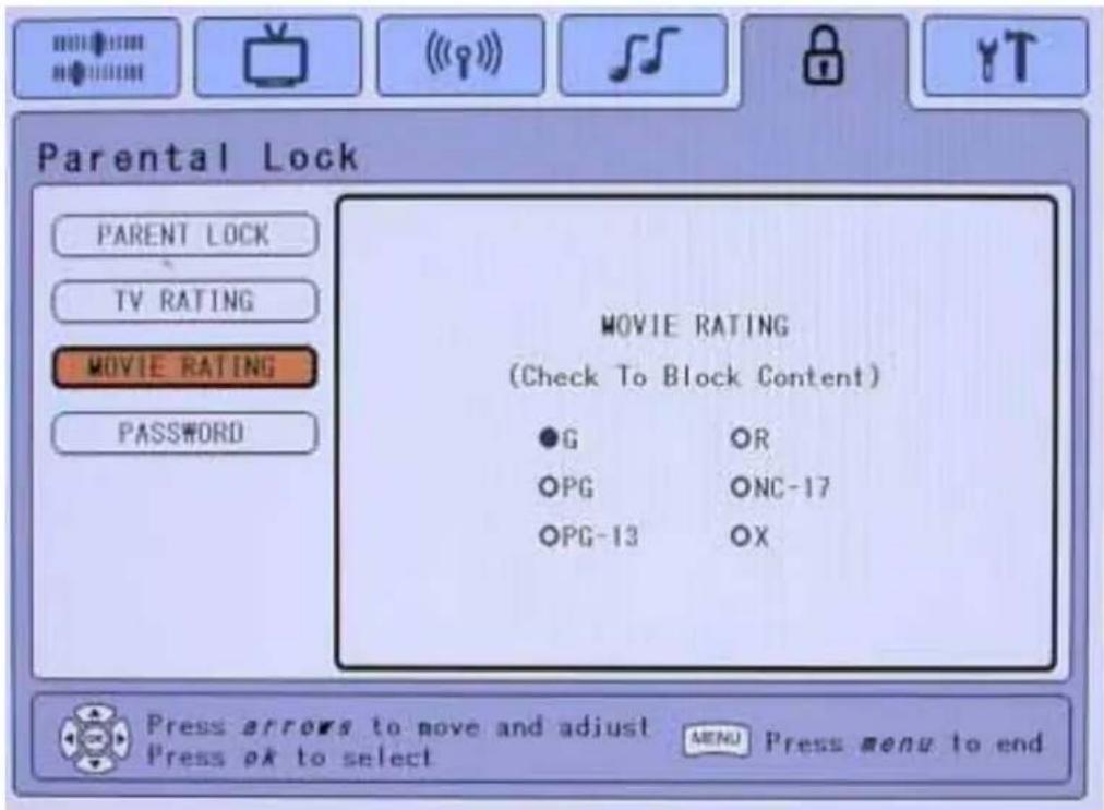 Parental Lock PARENT LOCK TV RATING MOVIE RATING PASSWORD MOVIE RATING (Check To Block Content) ●G OR OPG ONC-17 OPG-13 OX Press arrows to move and adjust MENU Press menu to end Press ok to select