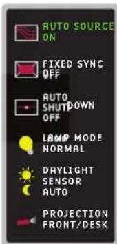 AUTO SOURCE ON FIXED SYNC OFF AUTO SHUTDOWN OFF LAMP MODE NORMAL DAYLIGHT SENSOR AUTO PROJECTION FRONT/DESK