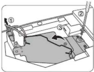 Technical diagram showing a mechanical assembly with numbered components and directional arrows indicating motion or movement.