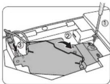 Technical diagram showing a mechanical assembly with numbered components and directional arrows indicating motion or flow.