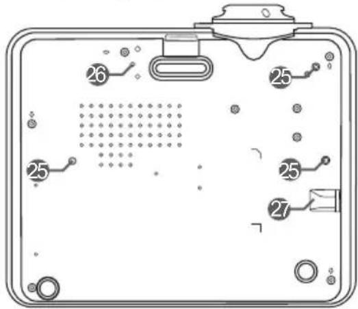 Technical diagram of a device rear panel with numbered components and internal grid layout
