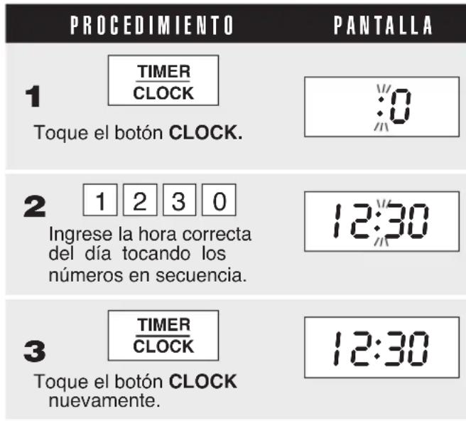 PROCEDIMIENTO PANTALLA 1 TIMER CLOCK Toque el botón CLOCK. :0 2 1 2 3 0 Ingrese la hora correcta del día tocando los números en secuencia. 12:30 3 TIMER CLOCK Toque el botón CLOCK nuevamente. 12:30