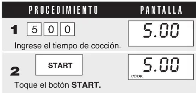 PROCEDIMIENTO PANTALLA 1 5 0 0 5.00 Ingrese el tiempo de cocción. 2 START 5.00 COOK Toque el botón START.
