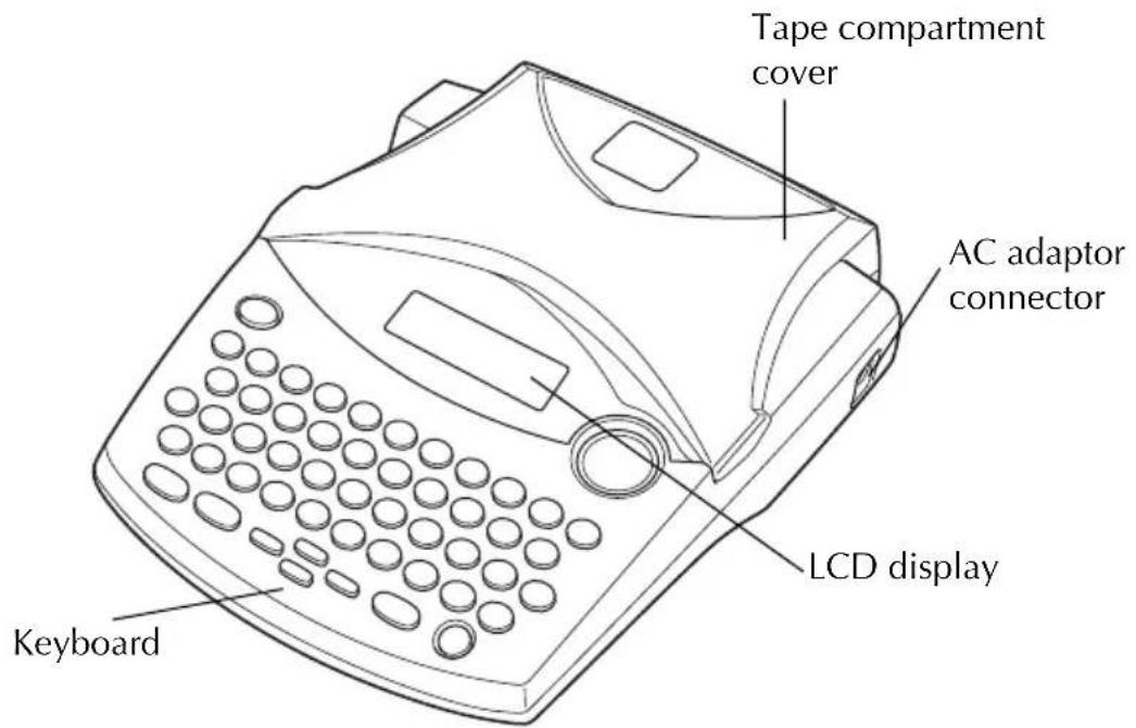 Tape compartment cover AC adaptor connector LCD display Keyboard
