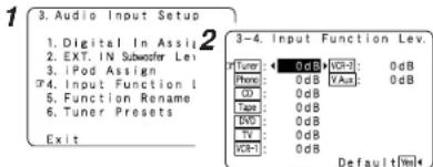 1 3. Audio Input Setup 1. Digital In Assi 2 2. EXT. IN Subwoofer Lei 3. iPod Assign 4. Input Function 1 5. Function Rename 6. Tuner Presets Exit 3-4. Input Function Lev. Tuner 0dB VND-0: 0dB Phone 0dB VAA: 0dB CD 0dB Tape 0dB BVD 0dB Cap 0dB VCD-1 0dB Default[Bus]