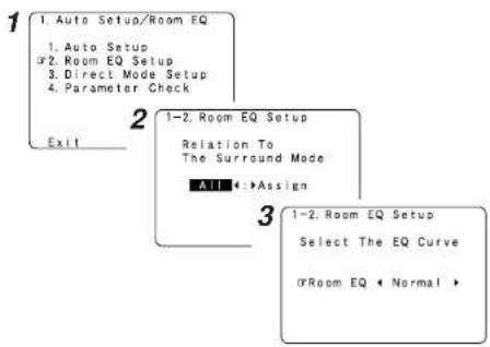 1. Auto Setup/Room EQ 1. Auto Setup 2. Room EQ Setup 3. Direct Mode Setup 4. Parameter Check Exit 2 1-2. Room EQ Setup Relation To The Surround Mode All ← Assign 3 1-2. Room EQ Setup Select The EQ Curve Room EQ ← Normal →
