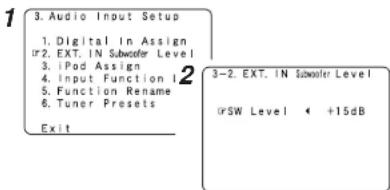 3. Audio Input Setup 1. Digital In Assign #2. EXT. IN Subwoofer Level 3. iPod Assign 4. Input Function 1 2 5. Function Rename 6. Tuner Presets Exit 3-2. EXT. IN Subwoofer Level #SW Level 4 +15dB