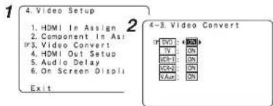 1 4. Video Setup 1. HDMI In Assign 2. Component In As: 3. Video Convert 4. HDMI Out Setup 5. Audio Delay 6. On Screen Displi Exit 2 4-3. Video Convert DV0: •••• TV: ON IC-1: ON IC-2: ON V-Aut: ON