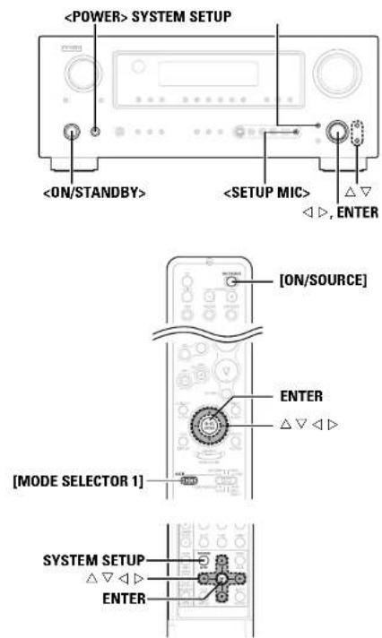 SYSTEM SETUP △▽ ◀>, ENTER [ON/SOURCE] ENTER △▽◀▶ [MODE SELECTOR 1] SYSTEM SETUP △▽◀▶ ENTER