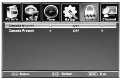 Picture Sound Time Setup Lock Channel Canada English Off Canada French Off Move Select MENU Exit