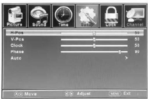 Picture Sound Time Setup Lock Channel H-Pos 50 V-Pos 50 Clock 50 Phase 90 Auto Move Adjust Menu Exit