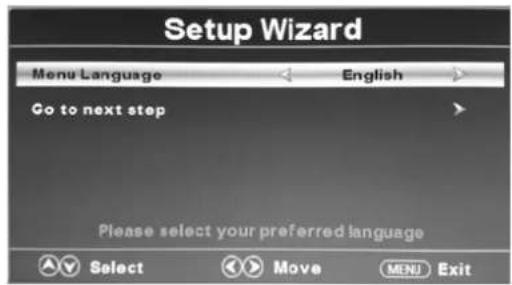 Setup Wizard Menu Language English Go to next step Please select your preferred language Select Move MENU Exit