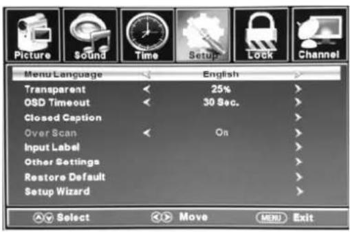 Picture Sound Time Setup Lock Channel Menu Language English Transparent 25% OSD Timeout 30 Sec. Closed Caption Over Scan On Input Label Other Settings Restore Default Setup Wizard Select Move MENU Exit