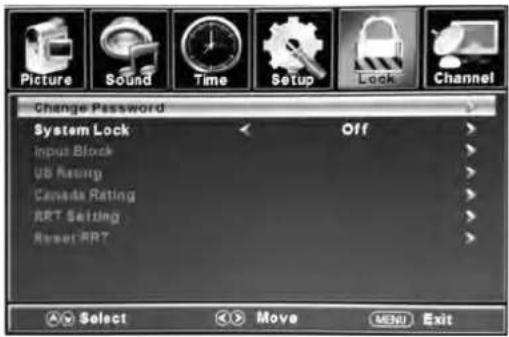 Picture Sound Time Setup Lock Channel Change Password System Lock Off Input Block USB Rating Canada Rating RRT Setting Reset RRT Select Move MENU Exit