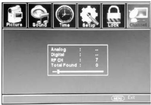 Picture Sound Time Setup Lock Channel Analog : -- Digital : -- RF CH : 7 Total Found : 0 MENU Exit