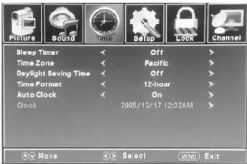 Picture Sound Time Setup Lock Channel Sleep Timer Off Time Zone Pacific Daylight Saving Time Off Time Format 12-hour Auto Clock On Clock 2005/12/17 12:32AM Move Select MNT Exit