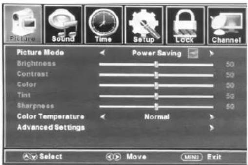Picture Sound Time Setup Lock Channel Picture Mode Power Saving Brightness 50 Contrast 50 Color 50 Tint 50 Sharpness 50 Color Temperature Normal Advanced Settings Select Move MENU Exit