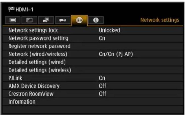 HDMI-1 Network settings Network settings lock Unlocked Network password setting On Register network password Network (wired/wireless) On/On (Pj AP) Detailed settings (wired) Detailed settings (wireless) PJLink On AMX Device Discovery Off Crestron RoomView Off Information