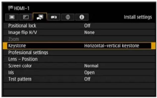 HDMI-1 Install settings Positional lock Off Image flip H/V None Zoom Keystone Horizontal–vertical keystone Professional settings Lens – Position Screen color Normal Iris Open Test pattern Off