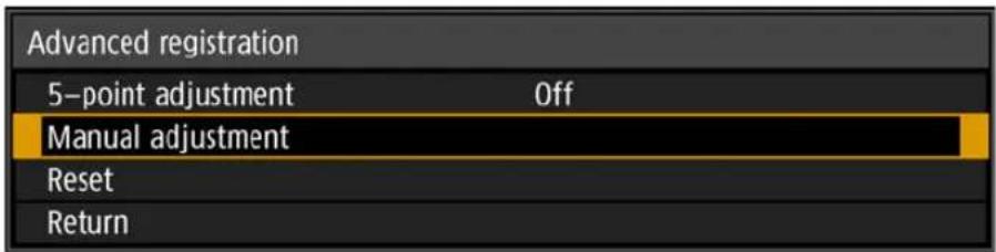Advanced registration 5-point adjustment Off Manual adjustment Reset Return