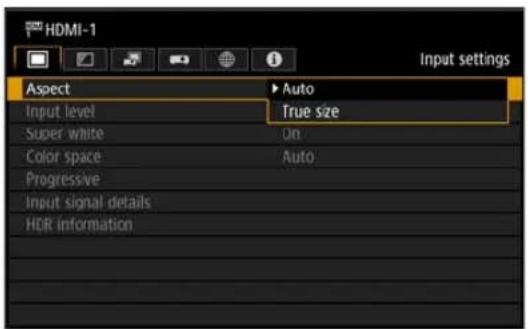 HDMI-1 Input settings Aspect ▶ Auto Input level True size Super white On Color space Auto Progressive Input signal details HDR information