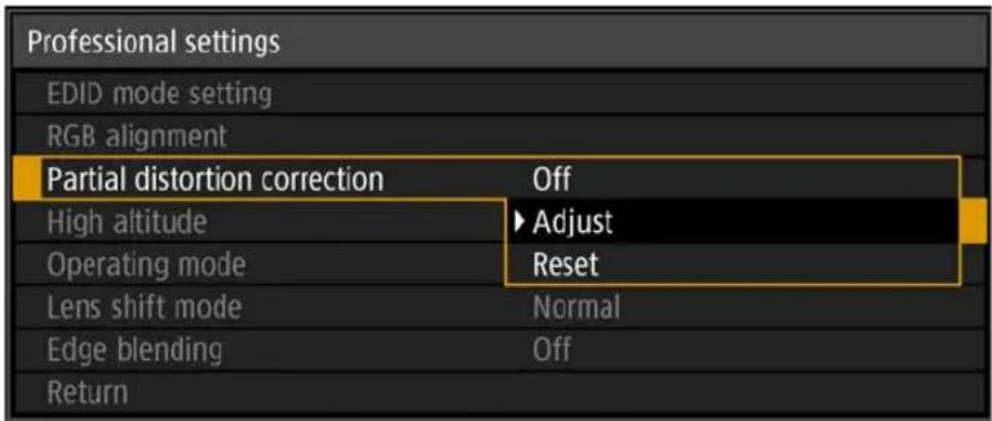 Professional settings EDID mode setting RGB alignment Partial distortion correction Off High altitude ►Adjust Operating mode Reset Lens shift mode Normal Edge blending Off Return