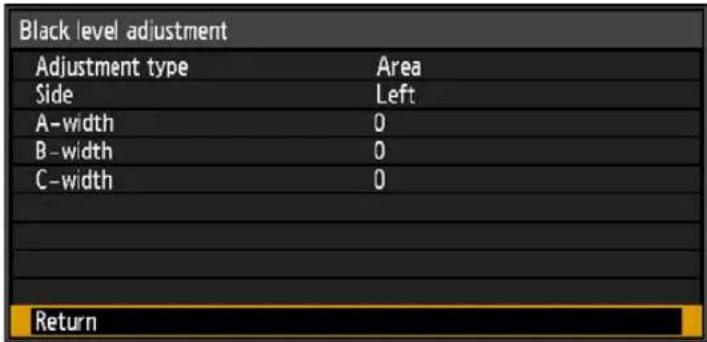 Black level adjustment Adjustment type Area Side Left A-width 0 B-width 0 C-width 0 Return
