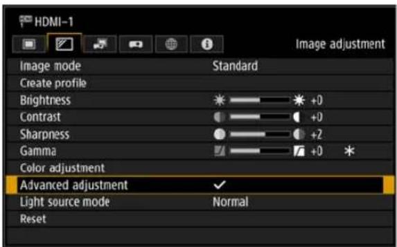 HDMI-1 Image adjustment Image mode Standard Create profile Brightness +0 Contrast +0 Sharpness +2 Gamma +0 Color adjustment Advanced adjustment Light source mode Normal Reset