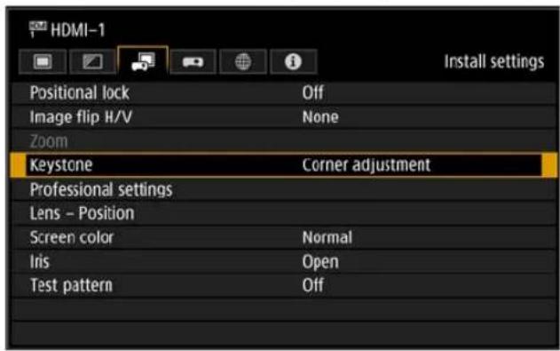 HDMI-1 Install settings Positional lock Off Image flip H/V None Zoom Keystone Corner adjustment Professional settings Lens - Position Screen color Normal Iris Open Test pattern Off