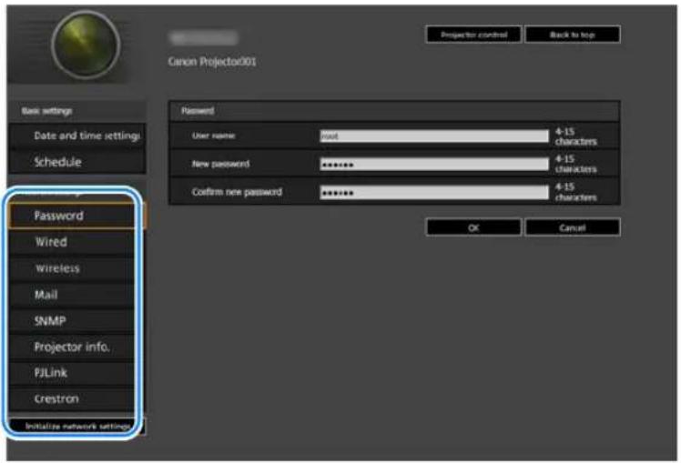 Canon Projector003 Back settings Date and time settings Schedule Password Wired wireless Mail SNMP Projector info. PJLink Crestron Initialize network settings Projection control Back to top Password User name root 4-15 characters New password ******** 4-15 characters Confirm new password ******** 4-15 characters OK Cancel