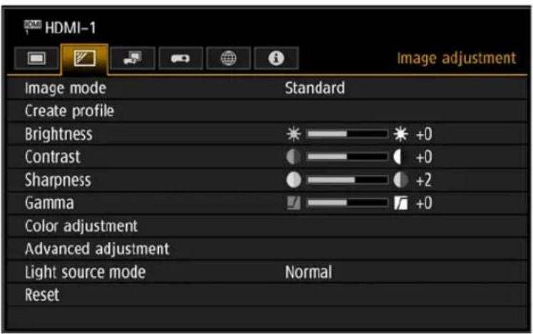 HDMI-1 Image adjustment Image mode Standard Create profile Brightness +0 Contrast +0 Sharpness +2 Gamma +0 Color adjustment Advanced adjustment Light source mode Normal Reset