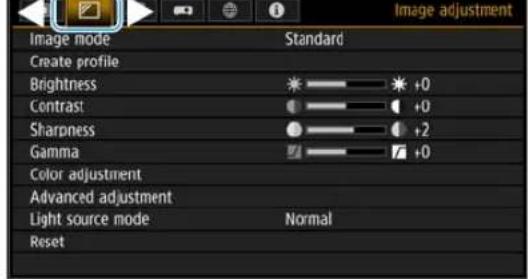 Image adjustment Image mode Standard Create profile Brightness +0 Contrast +0 Sharpness +2 Gamma +0 Color adjustment Advanced adjustment Light source mode Normal Reset