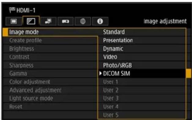 HDMI-1 Image adjustment Image mode Create profile Brightness Contrast Sharpness Gamma Color adjustment Advanced adjustment Light source mode Reset Standard Presentation Dynamic Video Photo/sRGB ▶ DICOM SIM User 1 User 2 User 3 User 4 User 5