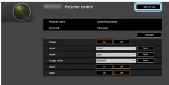 Projector control Back to Top Projector name Canon Projector001 Comment P3Location Refresh Power On Off Input EOME: Aspect Auto Apply Image mode Standard Apply Blank On Off Multi On Off