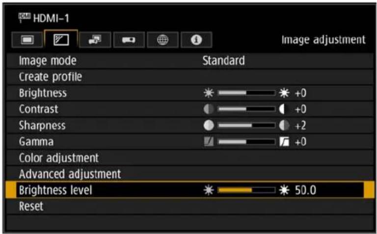 HDMI-1 Image adjustment Image mode Standard Create profile Brightness +0 Contrast +0 Sharpness +2 Gamma +0 Color adjustment Advanced adjustment Brightness level 50.0 Reset