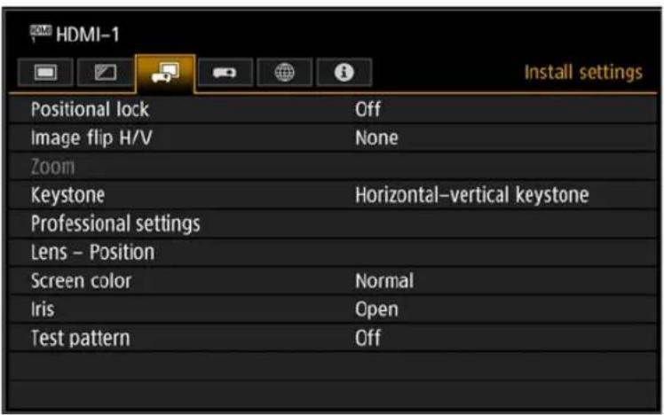 HDMI-1 Install settings Positional lock Off Image flip H/V None Zoom Keystone Horizontal–vertical keystone Professional settings Lens – Position Screen color Normal Iris Open Test pattern Off