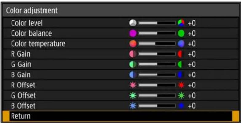 Color adjustment Color level Color balance Color temperature R Gain G Gain B Gain R Offset G Offset B Offset Return