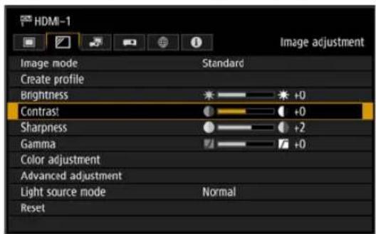 HDMI-1 Image adjustment Image mode Standard Create profile Brightness +0 Contrast +0 Sharpness +2 Gamma +0 Color adjustment Advanced adjustment Light source mode Normal Reset