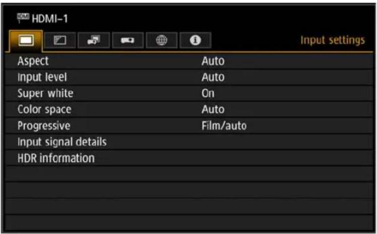 HDMI-1 Input settings Aspect Auto Input level Auto Super white On Color space Auto Progressive Film/auto Input signal details HDR information