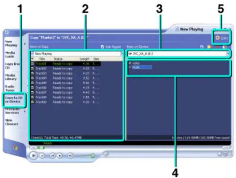 1 New Playing Media Guide Copy from CD Media Library Radio Tumor Copy to CD or Device Premium Services Skin Chooser 2 New Playing Title Status Length Size Track01 Ready to copy 4:36 5... Track02 Ready to copy 4:25 5... Track03 Ready to copy 4:25 5... Track04 Ready to copy 3:52 4... Track05 Ready to copy 5:03 5... Track06 Ready to copy 4:19 4... Track07 Ready to copy 4:43 5... Track08 Ready to copy 4:54 5... Track09 Ready to copy 4:20 4... JVC_XA_A (E:) voice PKPC Lithel(3), Total Time: 40:26, 46:47MB Ready 3 New Playing Copy F1 4 Notes / L19.90MB/102.88MB free space)