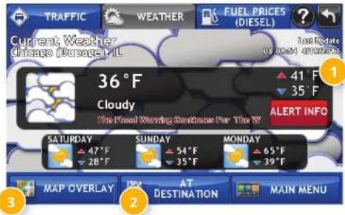 TRAFFIC WEATHER FUEL PRICES (DIESEL) Current: Weather Chicago (DuPage), IL Last Update 05 00:36 47:00:00 36 °F Cloudy The Wind Warning Conference For The W 41 °F 35 °F ALERT INFO SATURDAY 47°F 28°F SUNDAY 54°F 35°F MONDAY 65°F 39°F MAP OVERLAY AT DESTINATION MAIN MENU