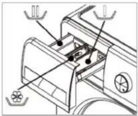 Technical diagram of a mechanical device with labeled components and directional arrows indicating assembly or movement.