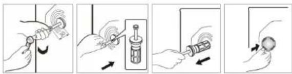 Four-step diagram illustrating a mechanical or electrical procedure with labeled components and directional arrows indicating motion.