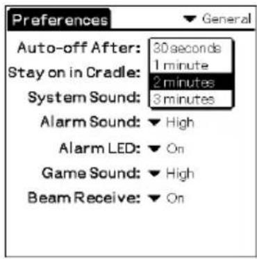Preferences Auto-off After: 30 seconds Stay on in Cradle: 1 minute System Sound: 2 minutes Alarm Sound: ▼ High Alarm LED: ▼ On Game Sound: ▼ High Beam Receive: ▼ On