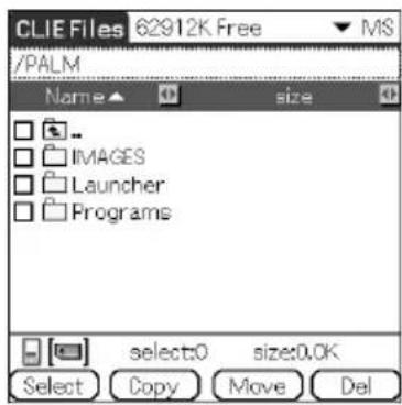 CLIE Files 62912K Free / PALM Name ▲ size IMAGES Launcher Programs select:0 size:0.0K Select Copy Move Del