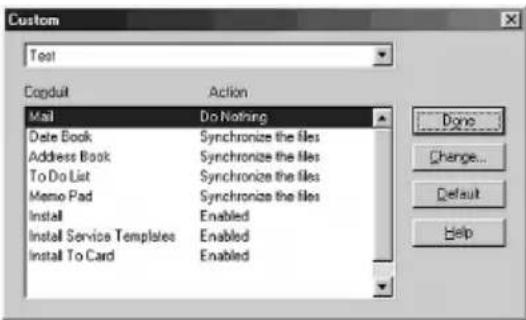 Custom Test Conduit Action: Mail - Do Nothing; Delete Book - Synchronize the files; Address Book - Synchronize the files; To Do List - Synchronize the files; Memo Pad - Synchronize the files; Install - Enabled; Install Service Templates - Enabled; Install To Card - Enabled; Done; Change...; Default;…