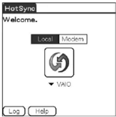 HotSync: Welcome. Local Modem ↓ VAIO Log Help