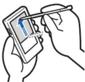 Illustration of hands using a smartphone to interact with a pen, showing a blue arrow pointing upward (no text or symbols present)