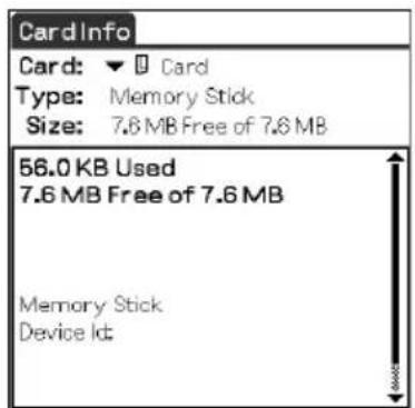 Card Info: Card: ▼ Card, Type: Memory Stick, Size: 7.6 MB Free of 7.6 MB, 56.0 KB Used, 7.6 MB Free of 7.6 MB, Memory Stick, Device Id: